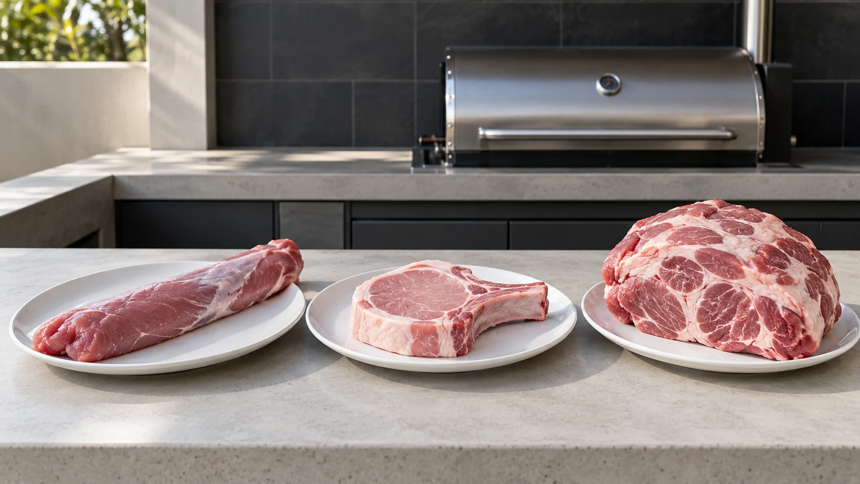 Pork tenderloin, bone-in pork chop, and pork shoulder on separate white plates.