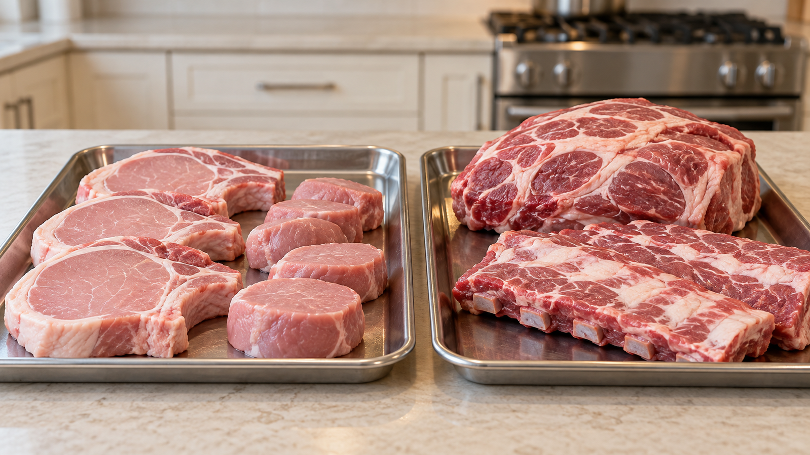 Lean pork chops and tenderloin medallions sit on one tray beside pork shoulder and ribs on another.
