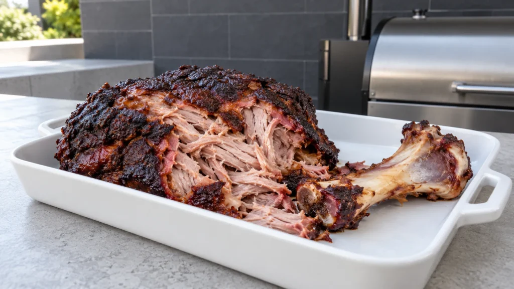 Tender smoked pork shoulder with the bone pulled cleanly free.