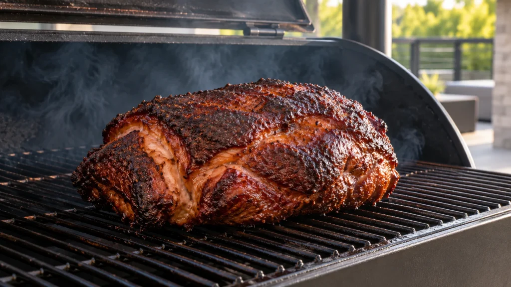 A pork shoulder cooking low and slow on an open smoker grate.
