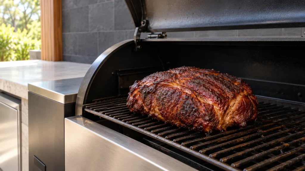 A pork shoulder with dark bark on an open smoker grate.