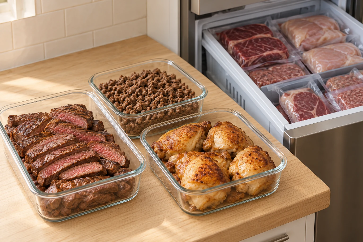 Cooked steak, ground beef, and chicken in clear containers beside an organized freezer drawer of animal-product portions.