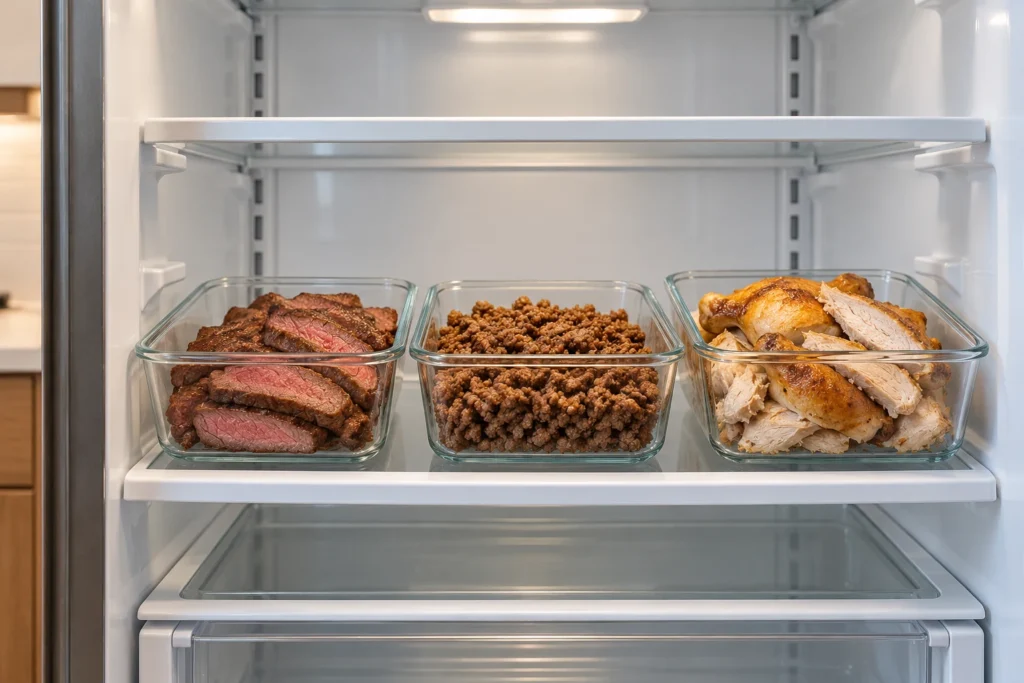 Clear containers of sliced steak, cooked ground beef, and roasted chicken stored on a refrigerator shelf.