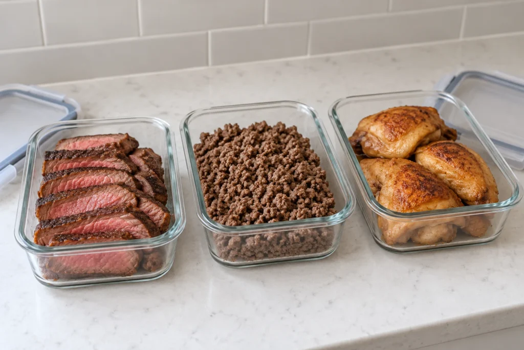 Clear glass containers holding sliced steak, cooked ground beef, and roasted chicken thighs.