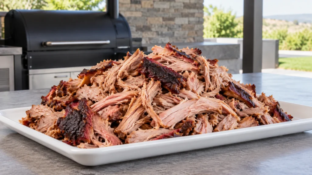 Tender pulled pork strands with clean dark bark pieces.