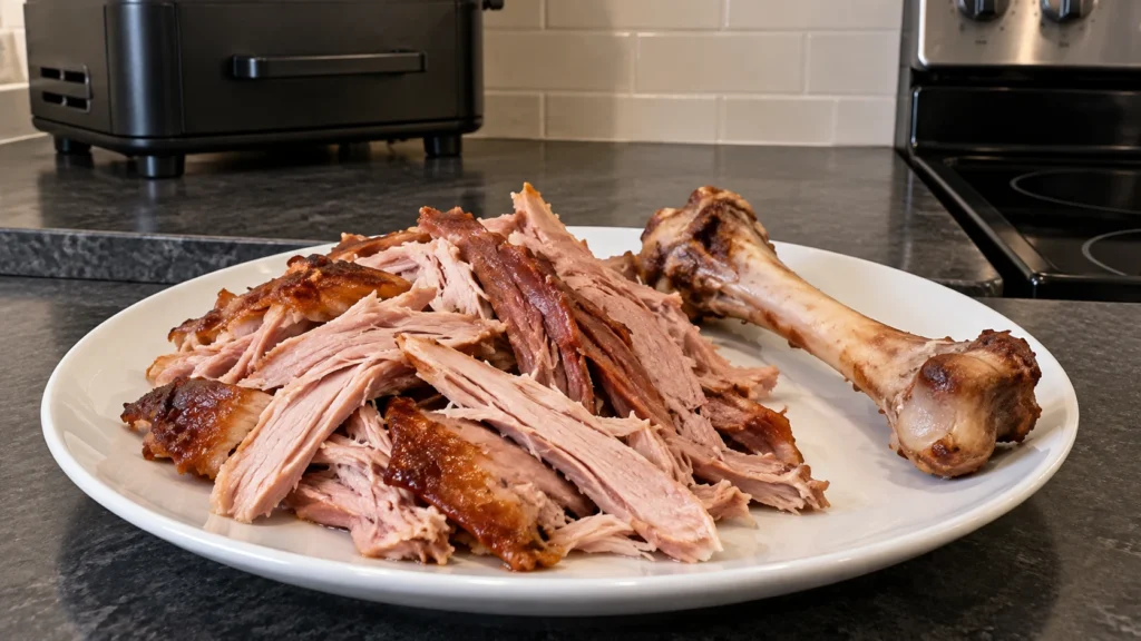 Two smoked turkey legs resting on a white tray with clear juices.