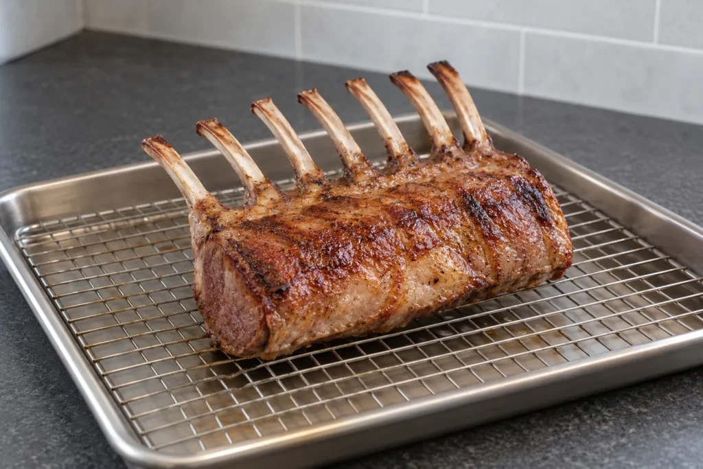 A seared rack of lamb resting on a wire rack over a sheet pan.