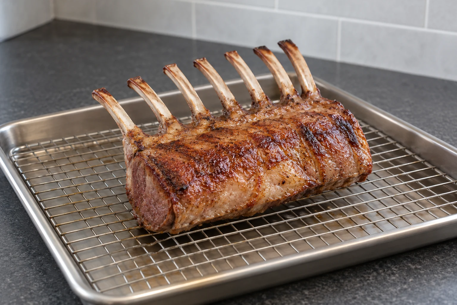 A seared rack of lamb resting on a wire rack over a sheet pan.