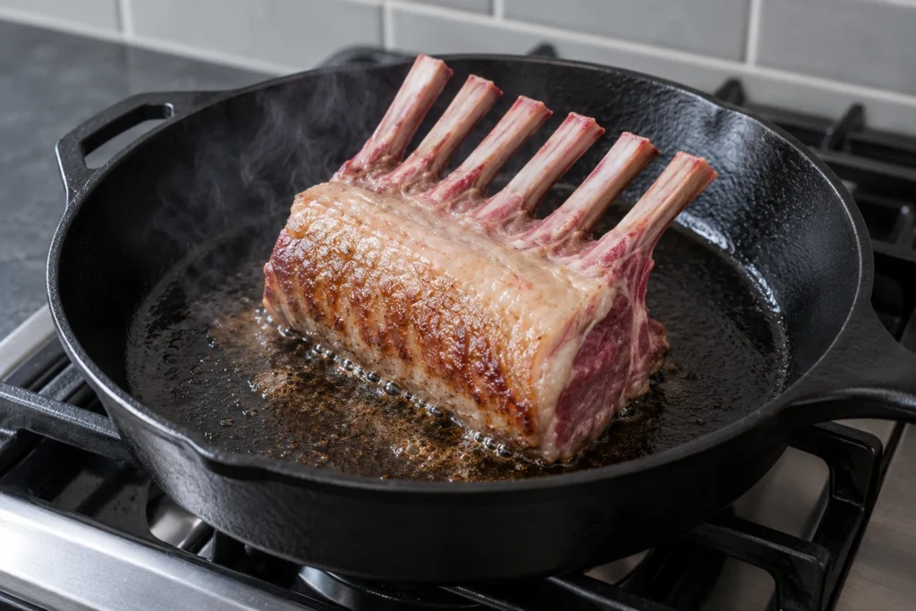 A rack of lamb developing its first sear in a cast-iron skillet on a normal stovetop.