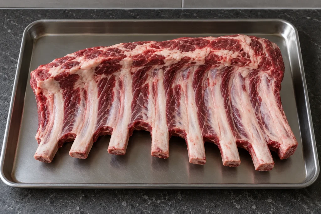 Raw rack of beef back ribs showing curved bones and the modest meat between them.