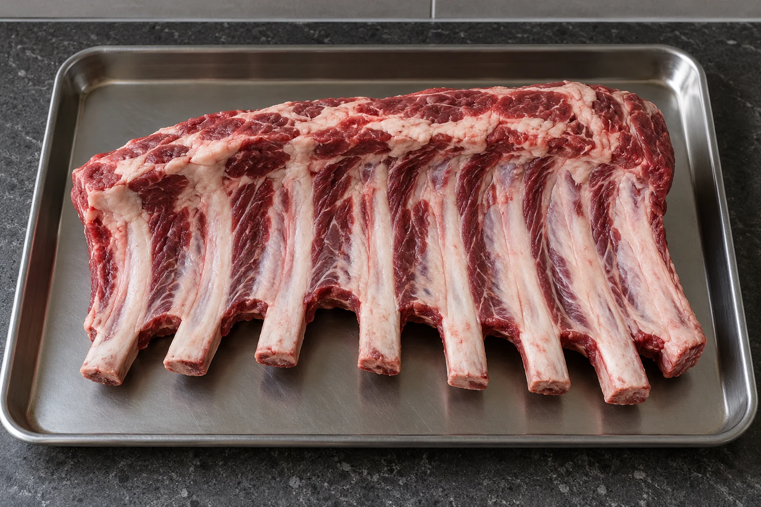 Raw rack of beef back ribs showing curved bones and the modest meat between them.