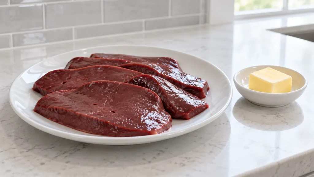 Fresh raw beef liver slices beside a pat of butter.