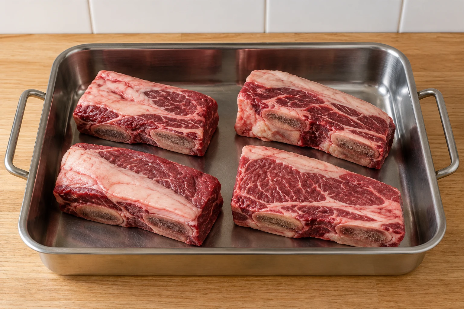 Raw bone-in beef short ribs arranged in a roasting pan before braising.