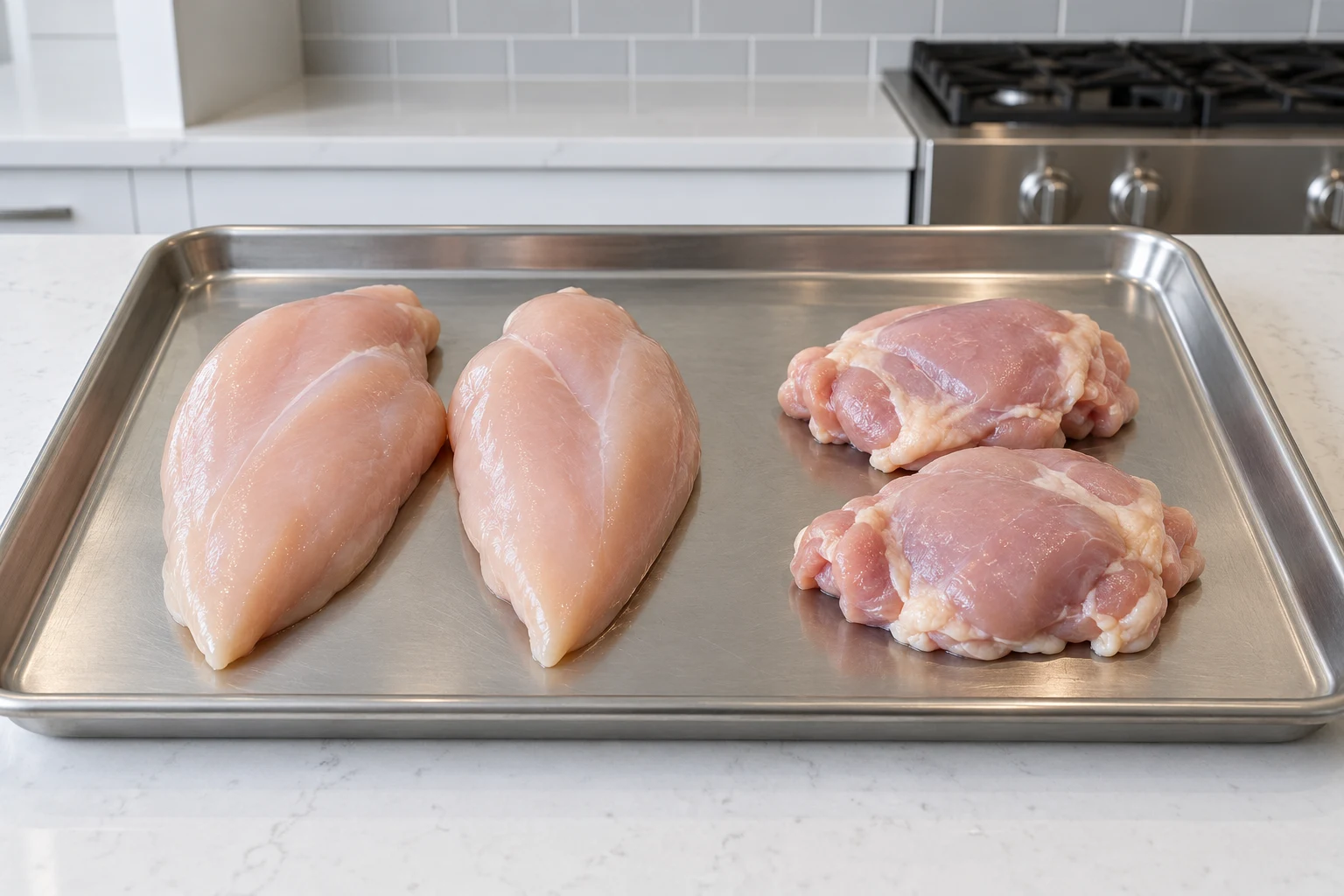 Raw boneless chicken breasts and raw boneless chicken thighs separated on a clean stainless tray.