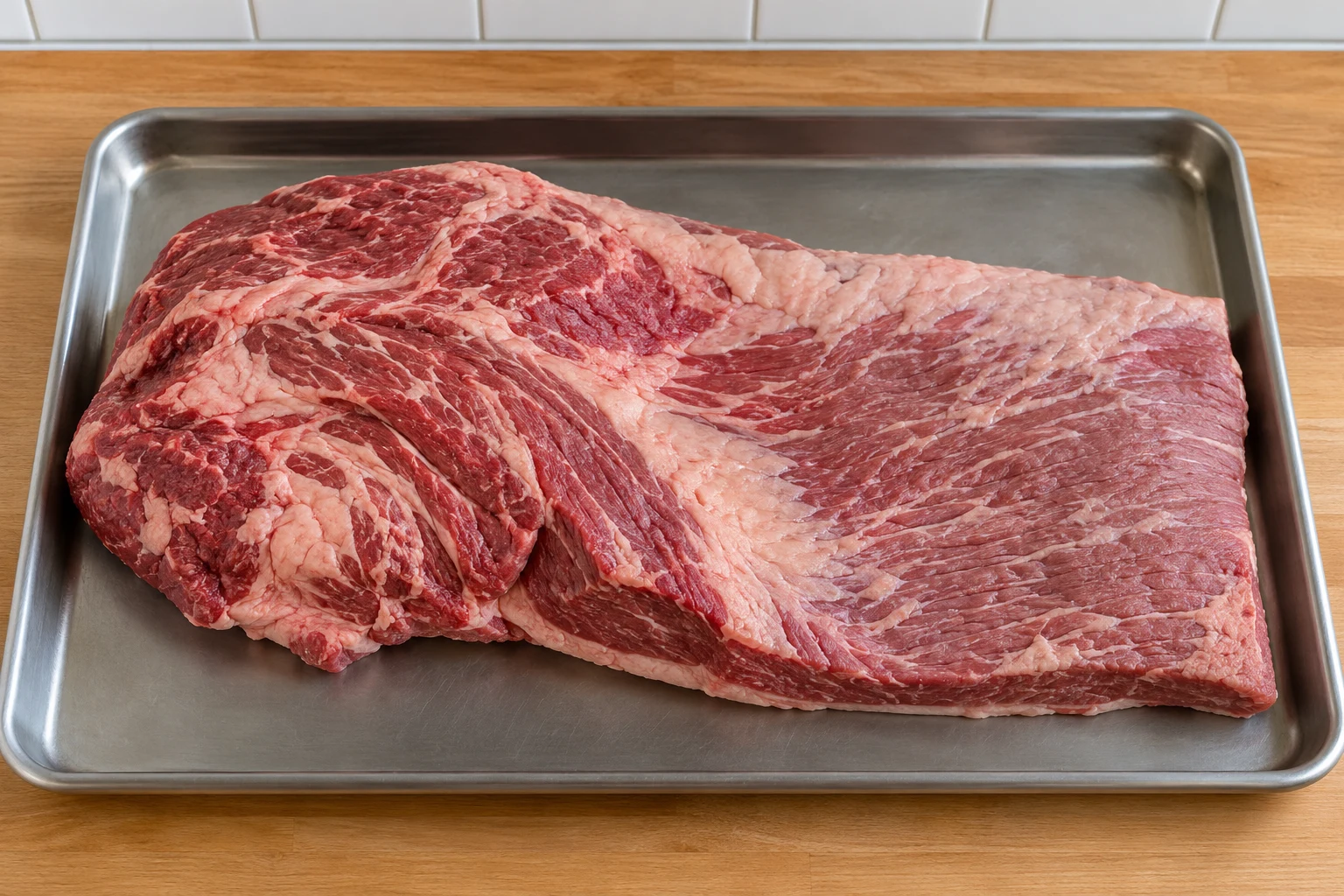 Whole raw beef brisket with the thick marbled point and the flatter leaner flat visible.