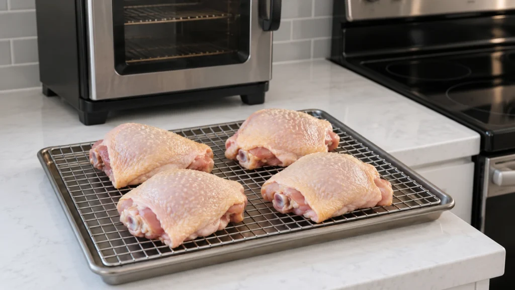 Seasoned bone-in, skin-on chicken thighs arranged on a tray before going into the smoker.