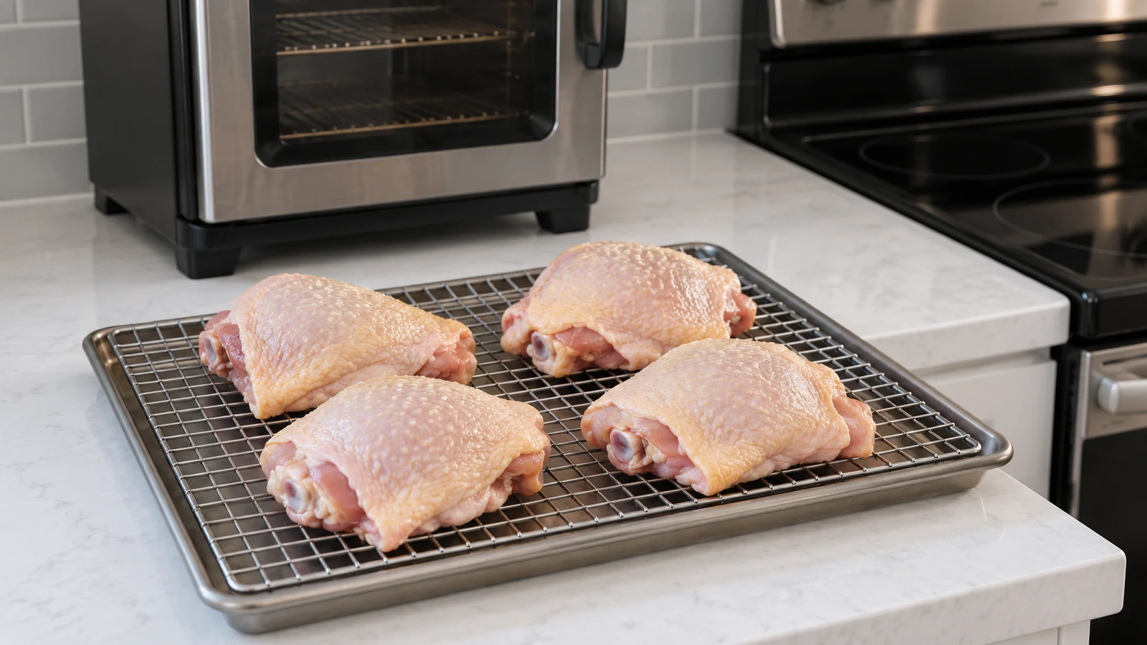 Seasoned bone-in, skin-on chicken thighs arranged on a tray before going into the smoker.