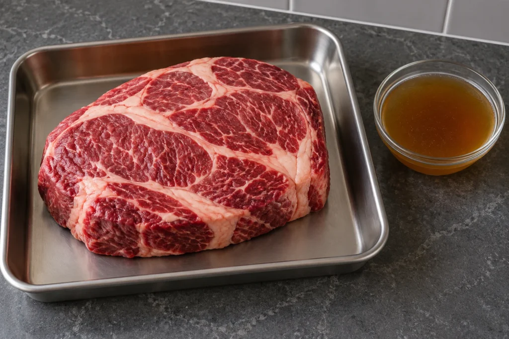 Raw well-marbled beef chuck roast beside rich beef bone broth before pot roasting.