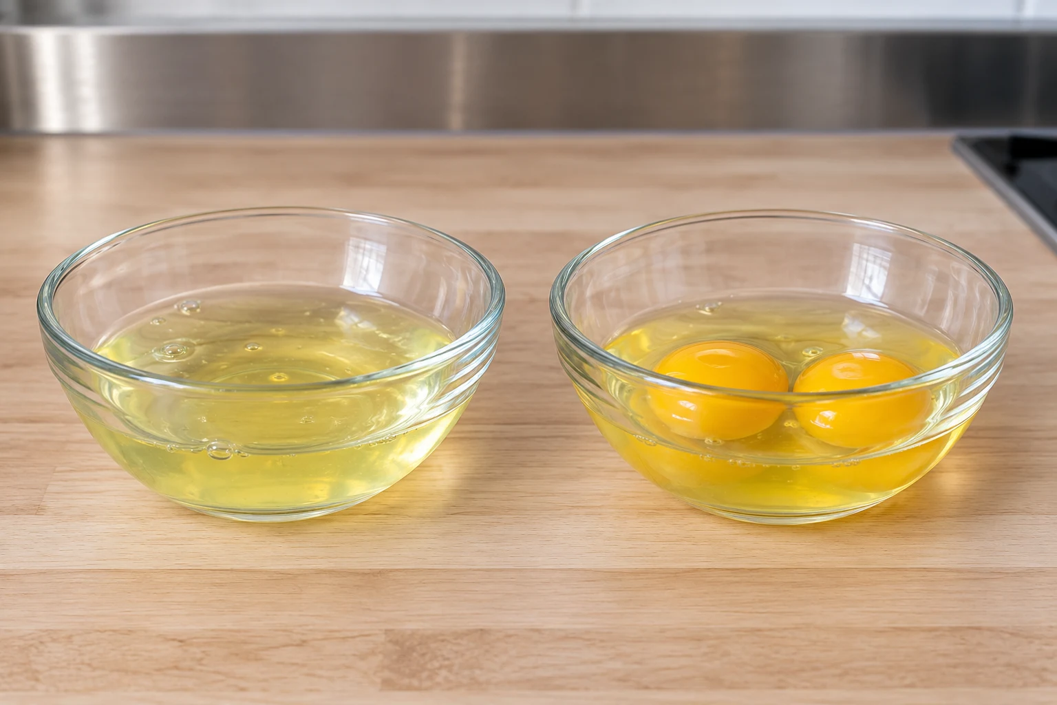 Clear egg whites in one glass bowl and whole raw eggs with intact yolks in a matching bowl.