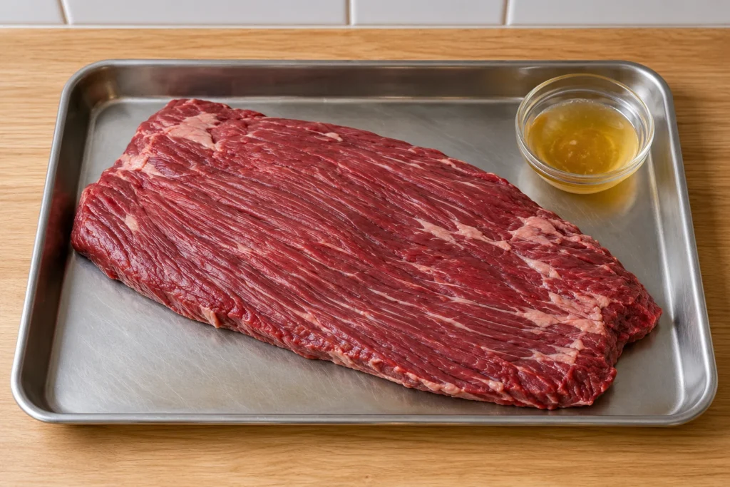 Raw flank steak with its long muscle grain clearly visible beside rendered beef fat.
