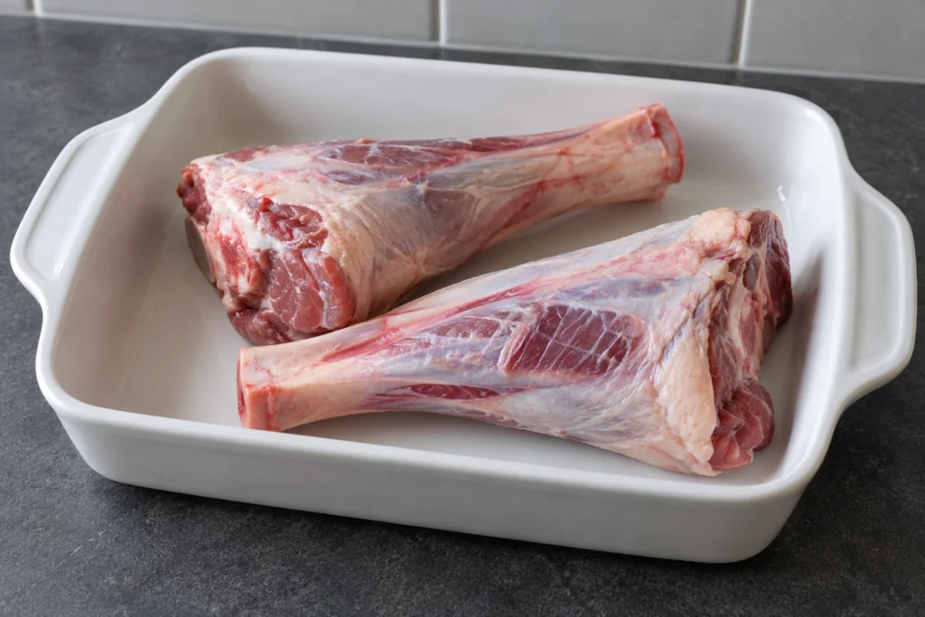 Two plain raw lamb shanks in a white ceramic baking dish.