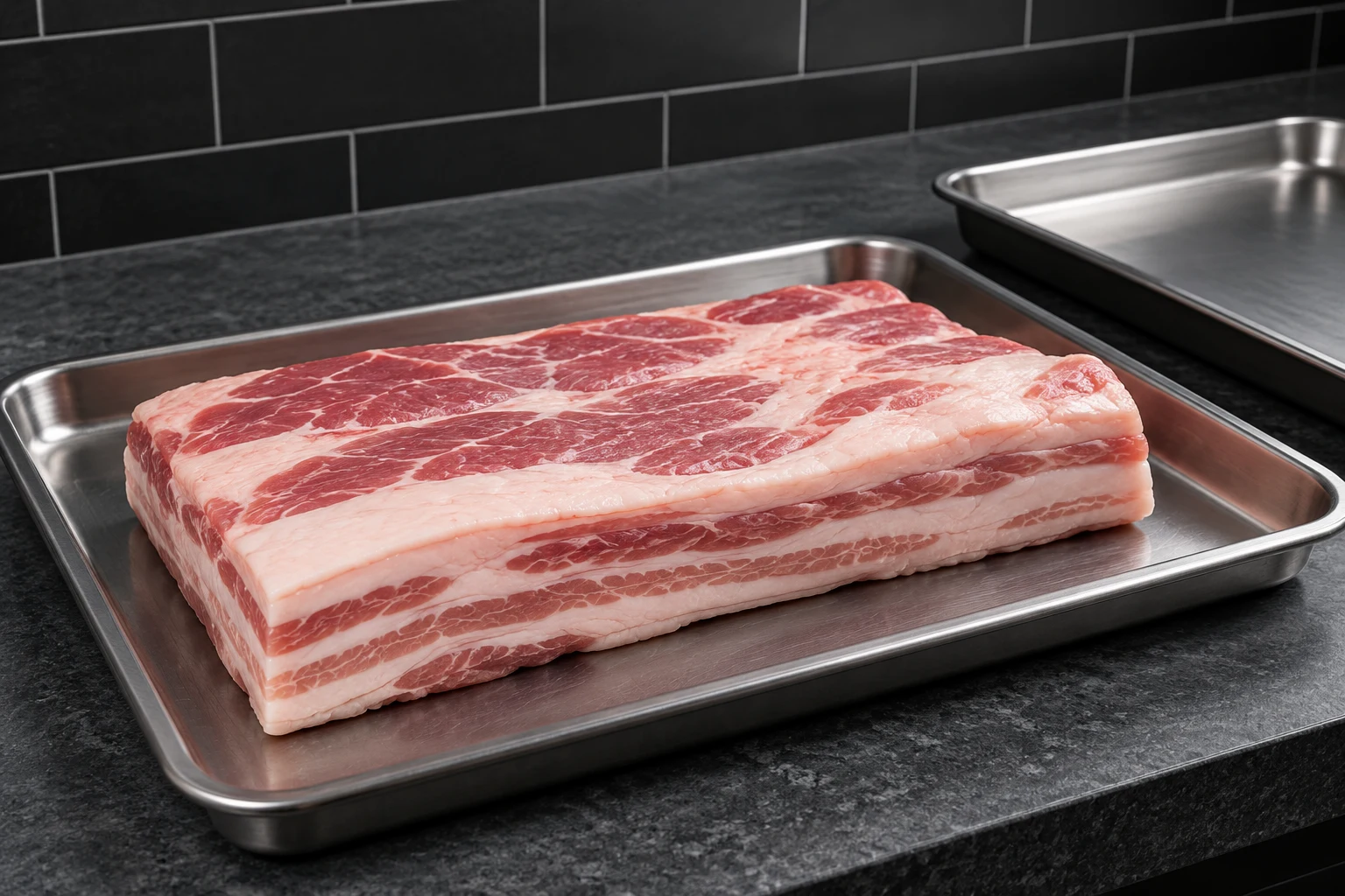 A thick raw pork belly with visible alternating meat and fat layers resting on a clean stainless tray.