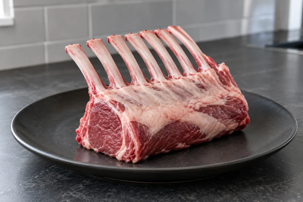 A trimmed raw rack of lamb with clean exposed bones on a dark ceramic plate.