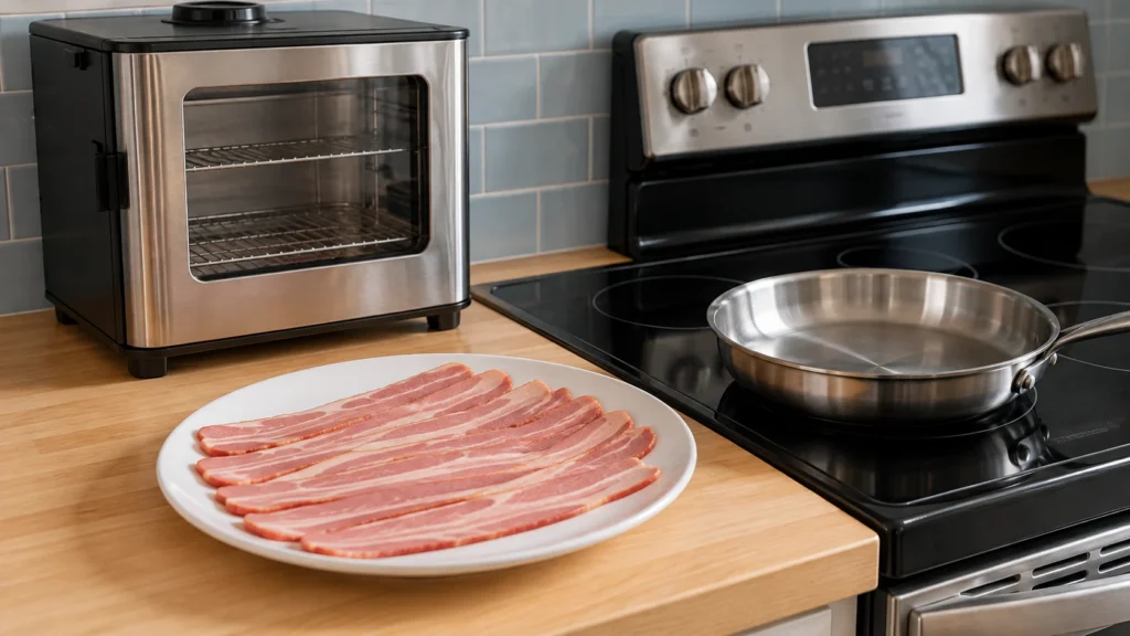 Plain uncooked turkey bacon strips arranged on a white plate beside a stainless skillet.