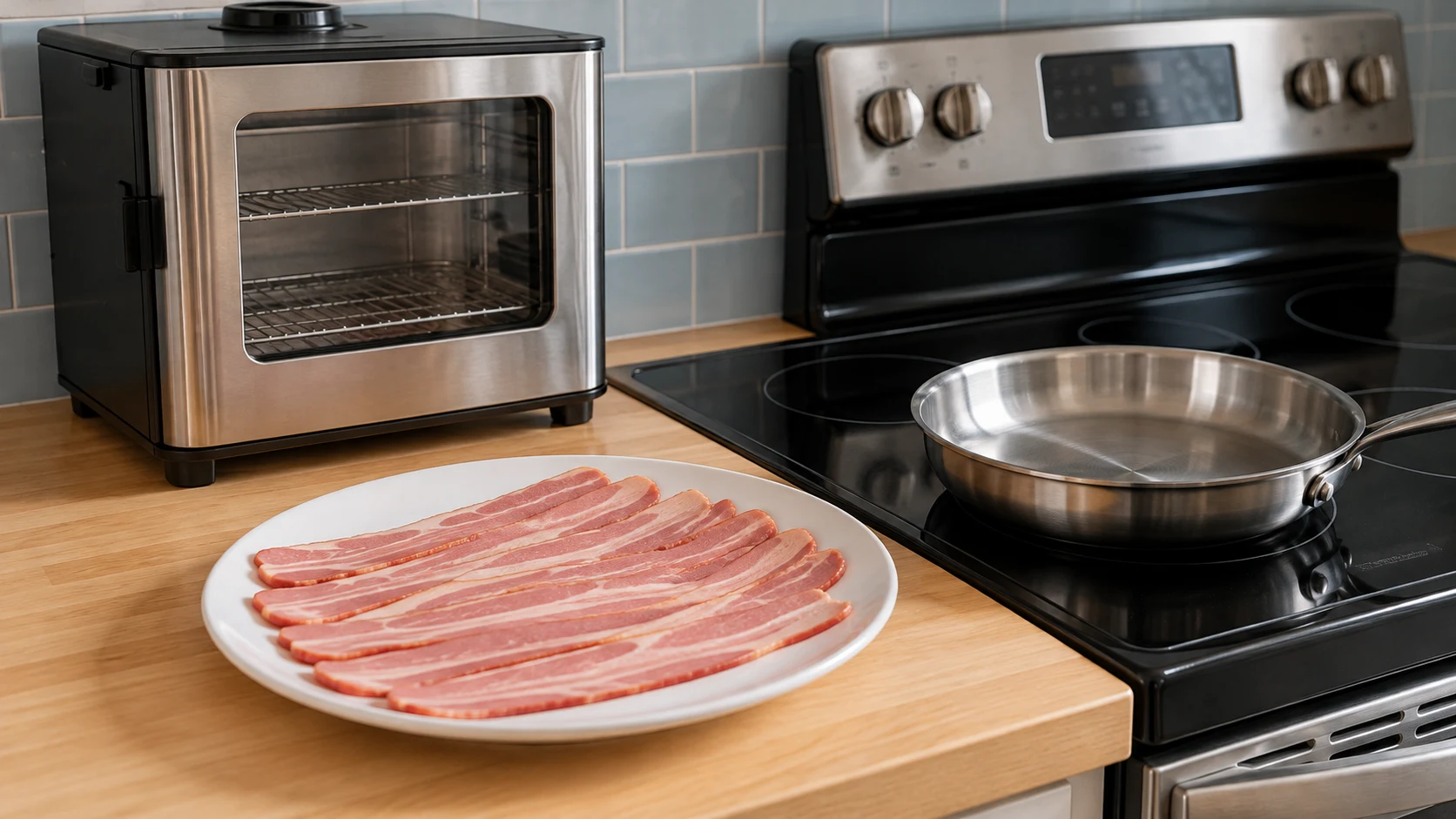 Plain uncooked turkey bacon strips arranged on a white plate beside a stainless skillet.