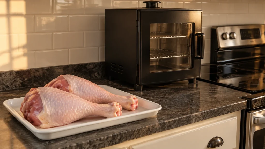 Two plain raw turkey legs on a white tray beside a compact electric smoker.