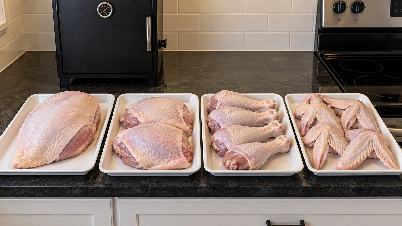 Turkey breast, thighs, drumsticks, and wings arranged on separate white trays.