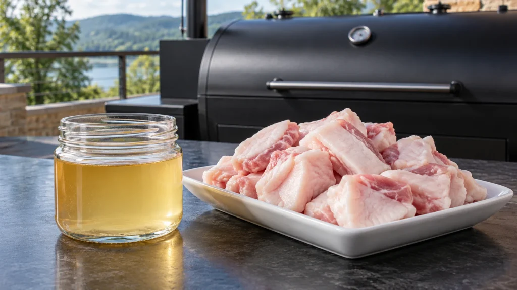 A jar of rendered pork fat beside raw pork fat trimmings.