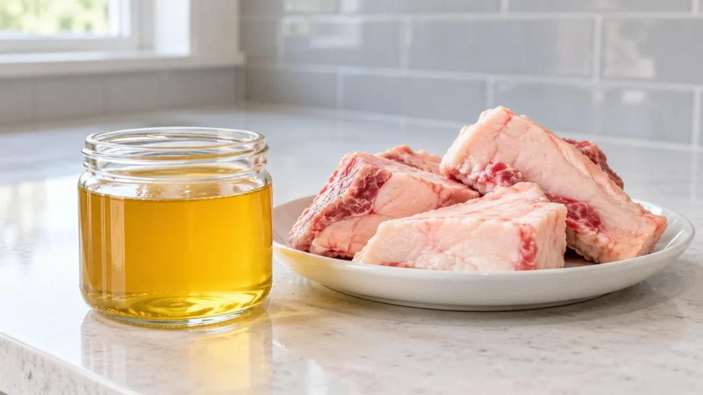 A jar of clear rendered beef tallow beside raw beef fat pieces on a white dish.
