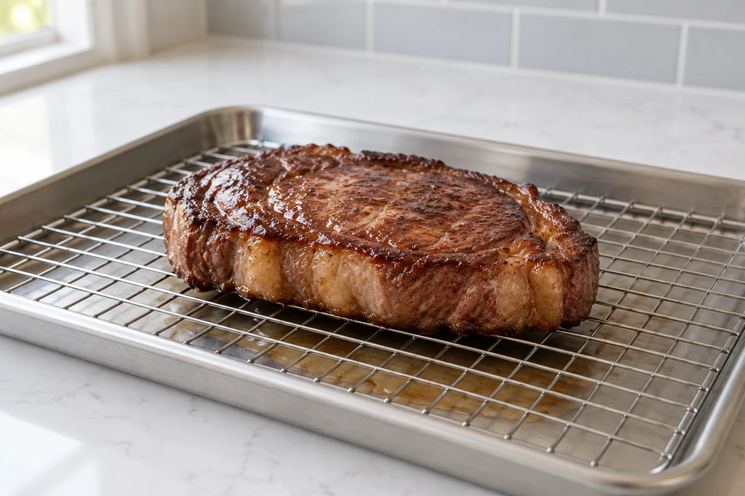 A plain beef steak resting on a wire rack over a rimmed sheet pan.