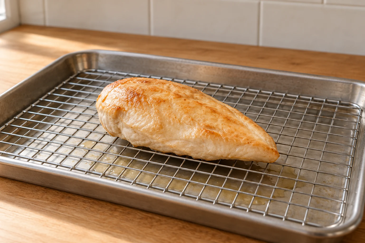 A plain cooked chicken breast resting on a wire rack over a rimmed sheet pan.
