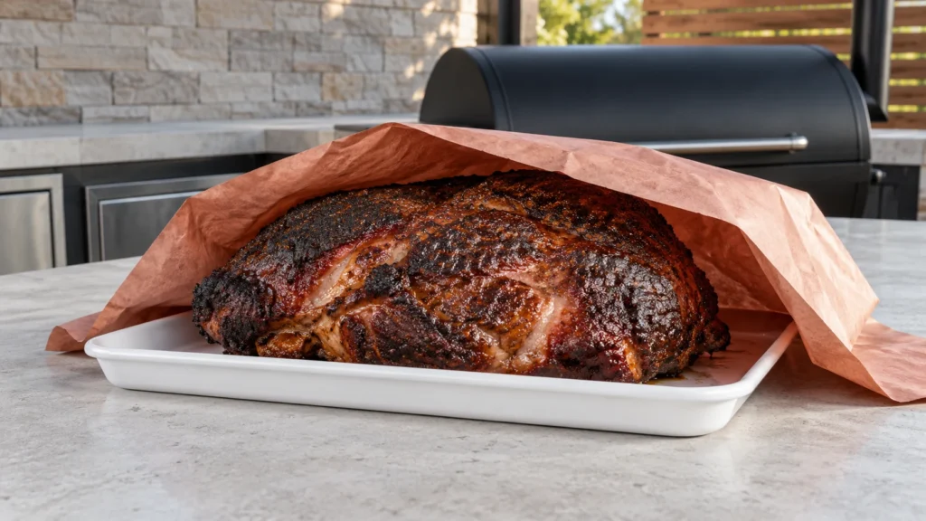 A smoked pork shoulder resting under plain butcher paper.