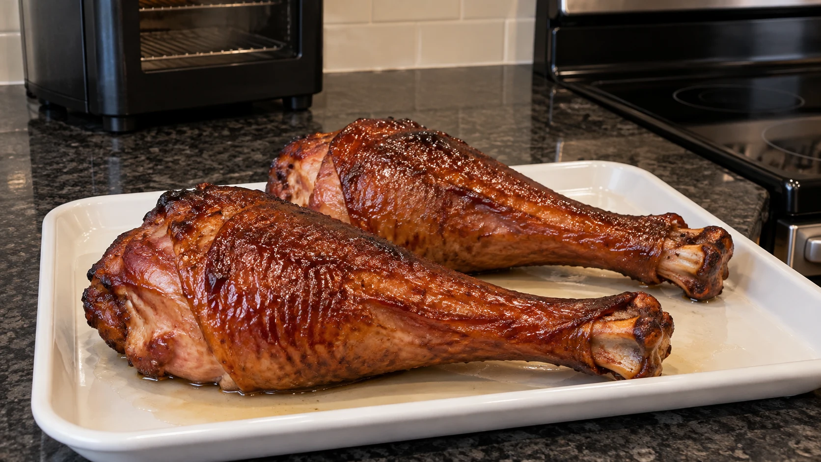 Two smoked turkey legs resting on a white tray with clear juices.