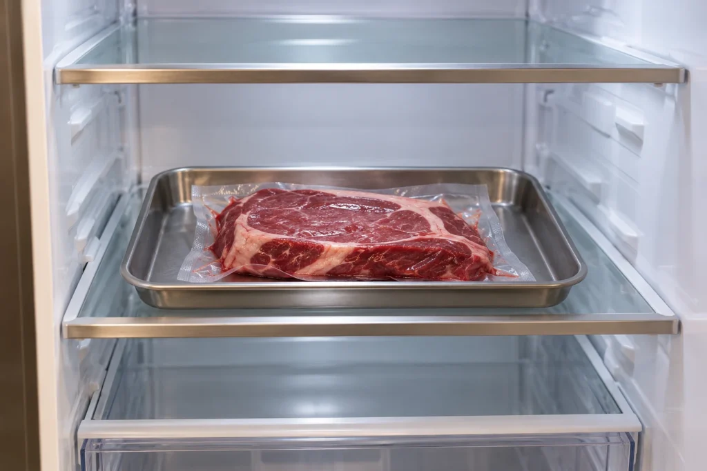 An unlabelled vacuum-sealed beef steak portion thawing on a rimmed tray on a refrigerator shelf.