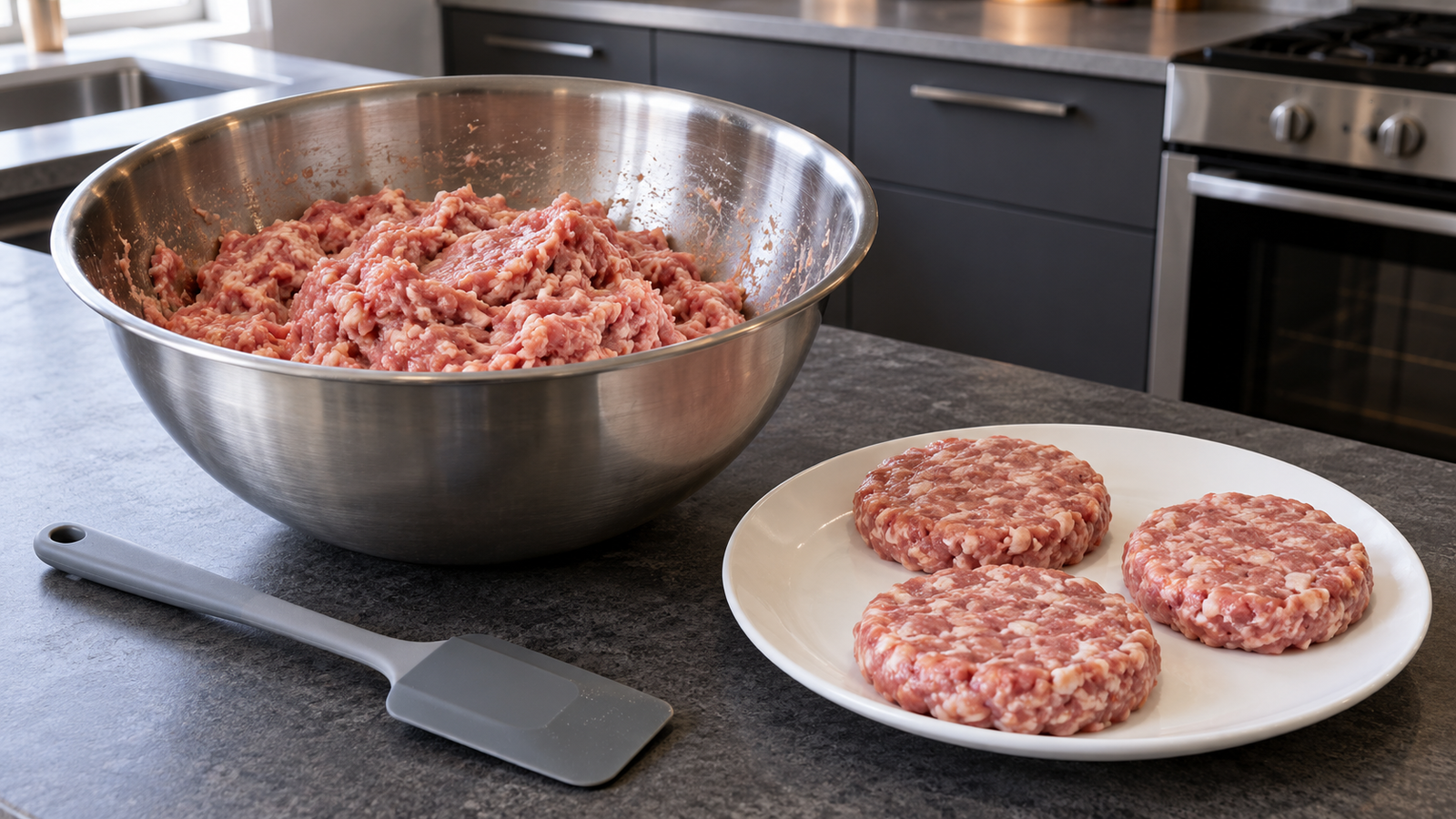 Ground meat shaped for homemade sausage on a slate counter in a contemporary home kitchen.