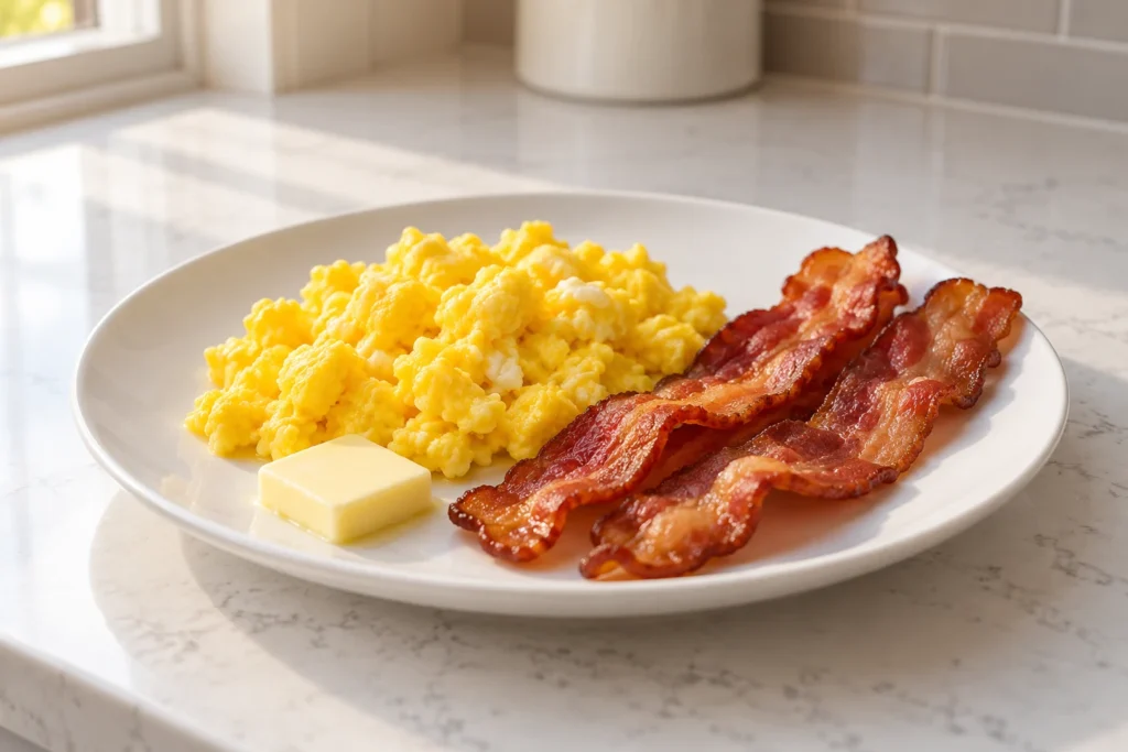 Scrambled eggs, crisp bacon, and butter on a plain white plate.