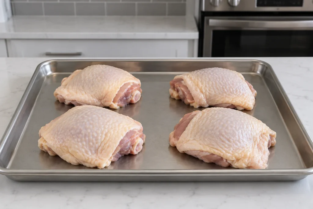 Plain bone-in chicken thighs arranged skin-side up on a rimmed sheet pan ready for roasting.