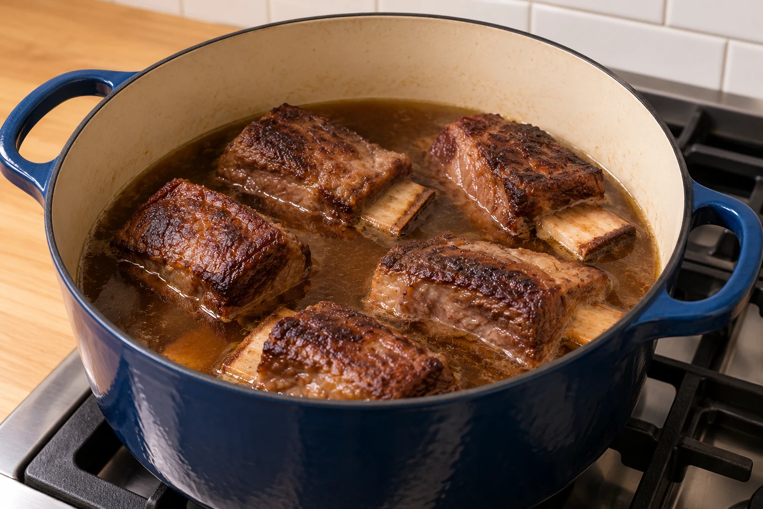 Browned beef short ribs partially submerged in beef bone broth before slow braising.