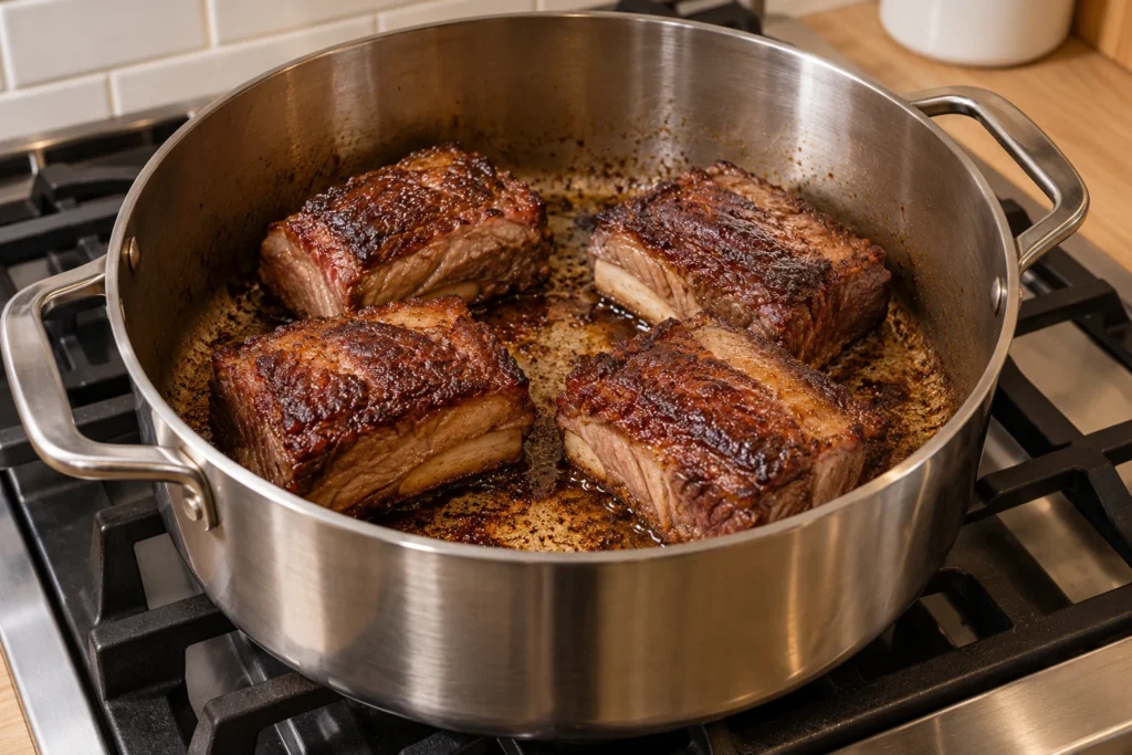 Beef short ribs browning in an uncrowded Dutch oven before braising.