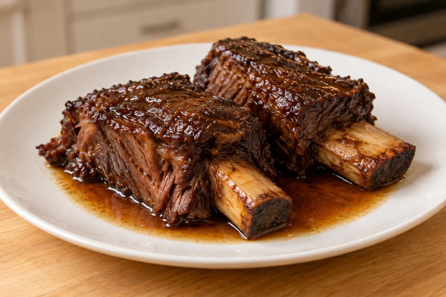 Two slow-braised beef short ribs with exposed bones and reduced beef jus.