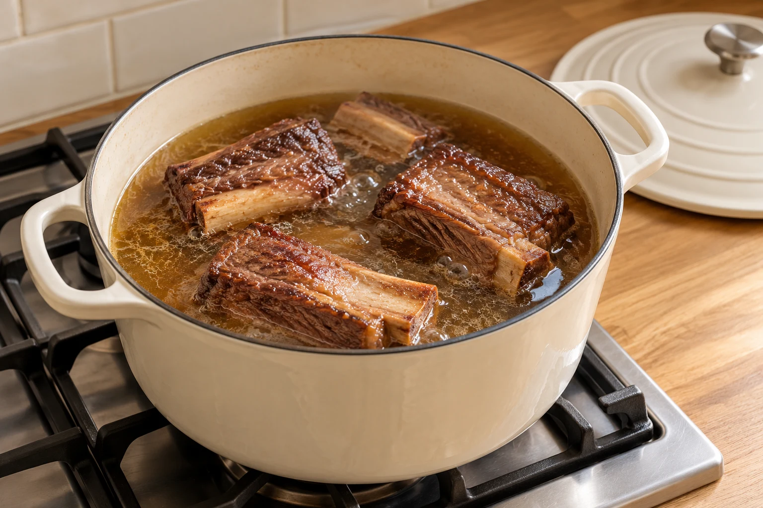 Bone-in beef short ribs gently braising in clear beef broth in a Dutch oven.