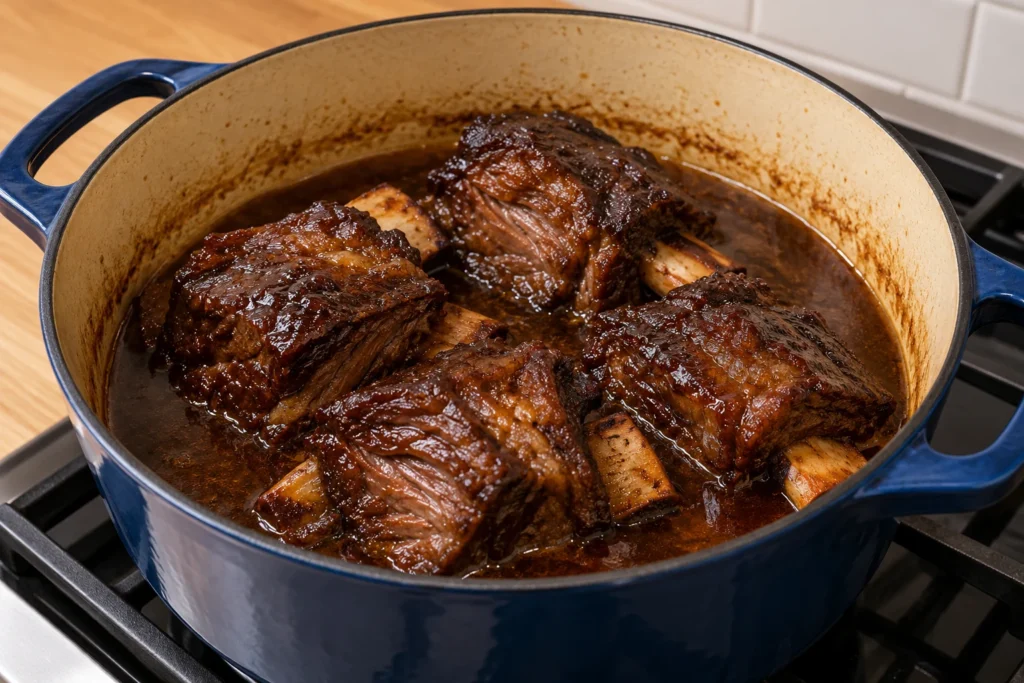 Tender beef short ribs with exposed bones in reduced beef jus after slow braising.