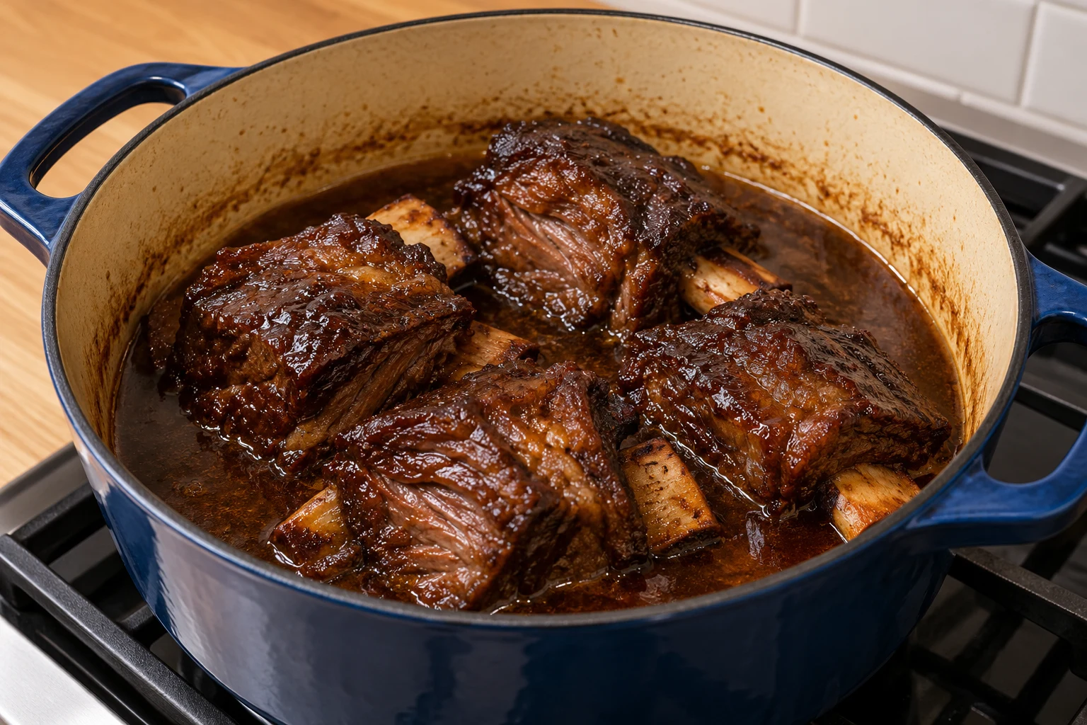 Tender beef short ribs with exposed bones in reduced beef jus after slow braising.