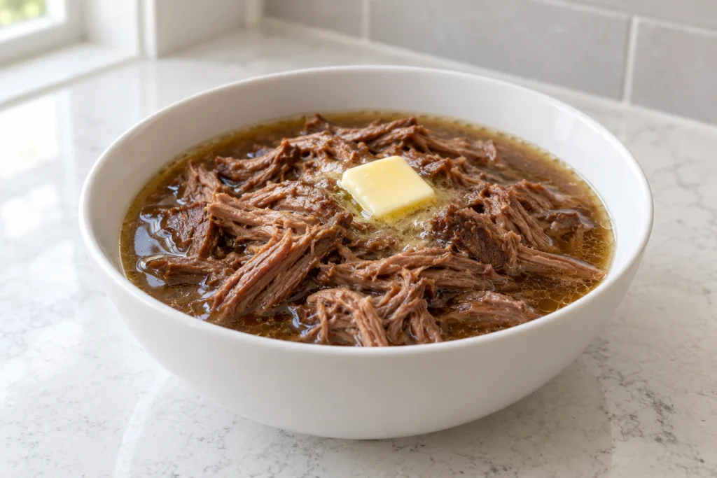 Shredded slow-cooked beef in clear beef broth with a pat of melting butter.