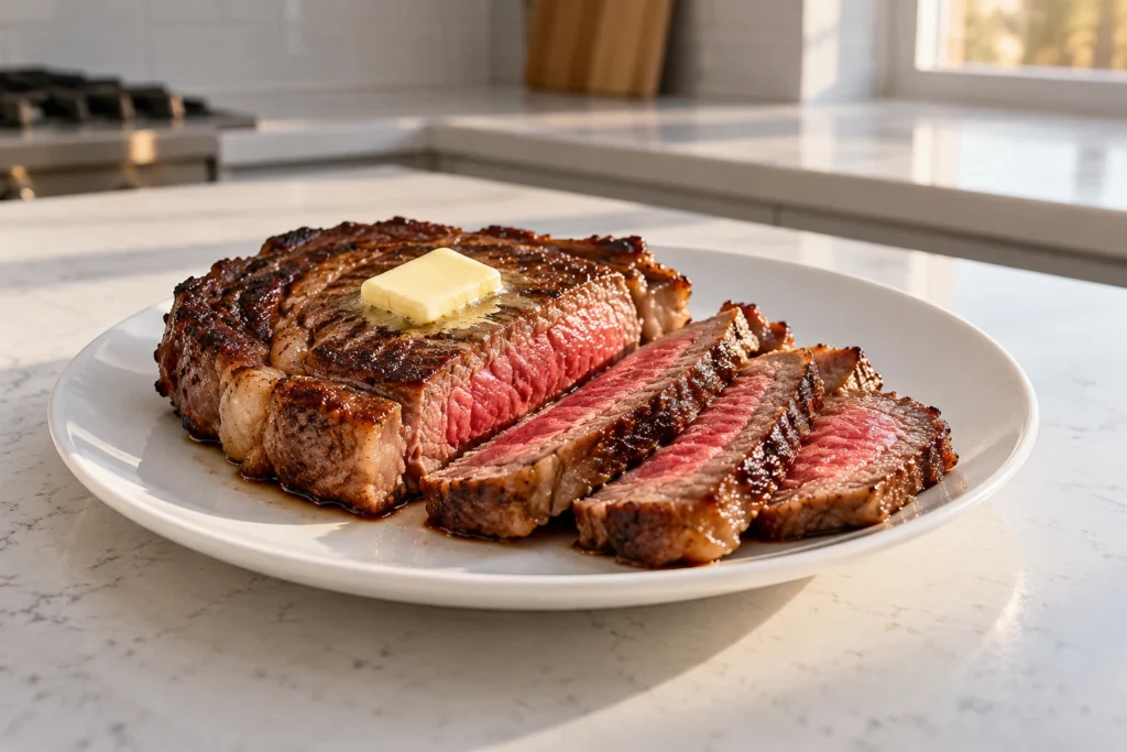 A sliced medium-rare beef ribeye with butter on a plain white plate.
