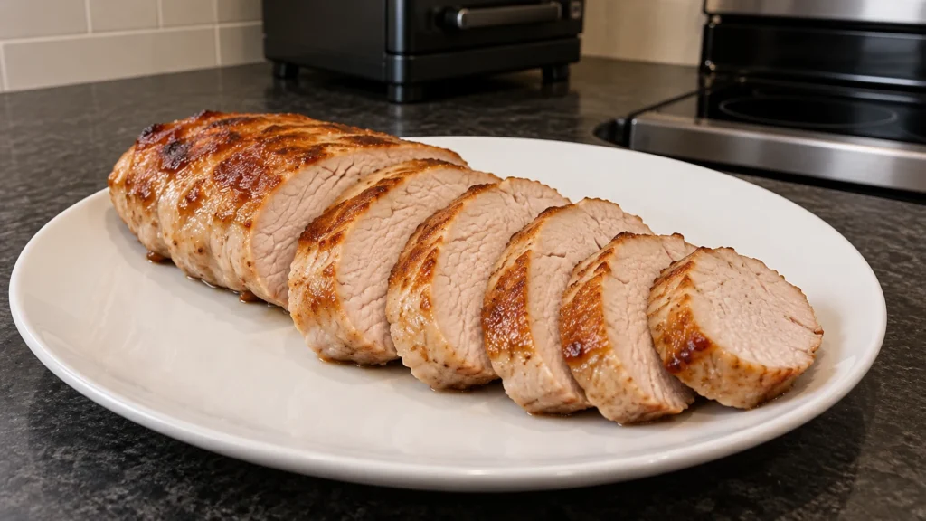 Even juicy slices of plain pan-seared turkey tenderloin on a white plate.